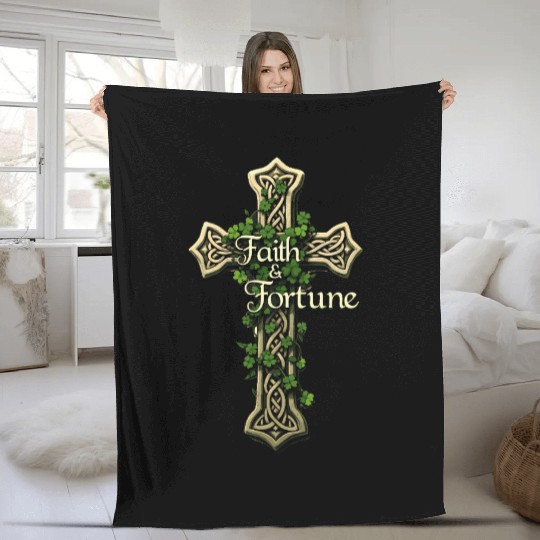 Celtic Cross Faith & Fortune Shamrock Design Fleece Blankets