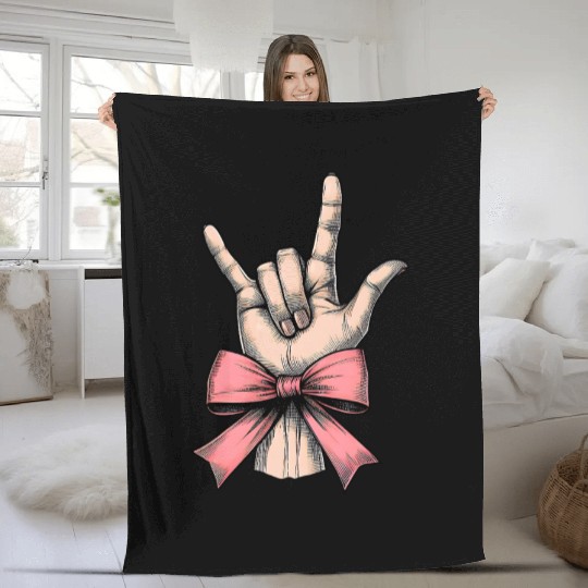 Coquette Bow Sign Language I Love You ASL Deaf Fleece Blankets