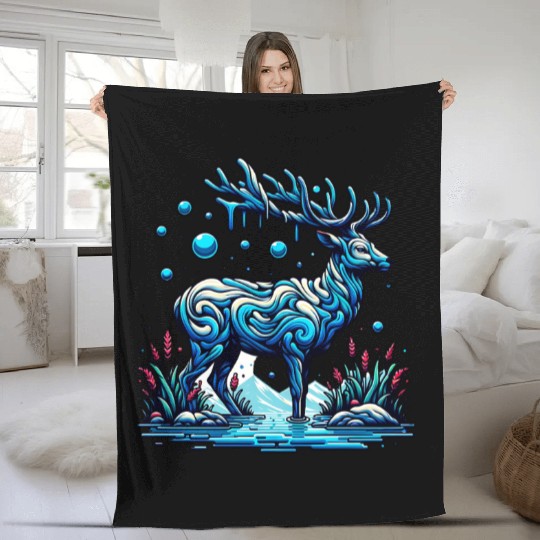 Majestic Blue Deer in Enchanted Forest Fleece Blankets