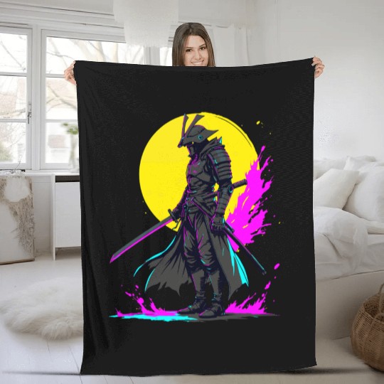 Cyberpunk Samurai Warrior Neon Art Design Fleece Blankets