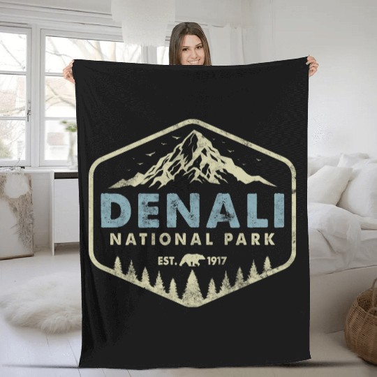 Retro Denali National Park Mountains Nature Hiking Fleece Blankets