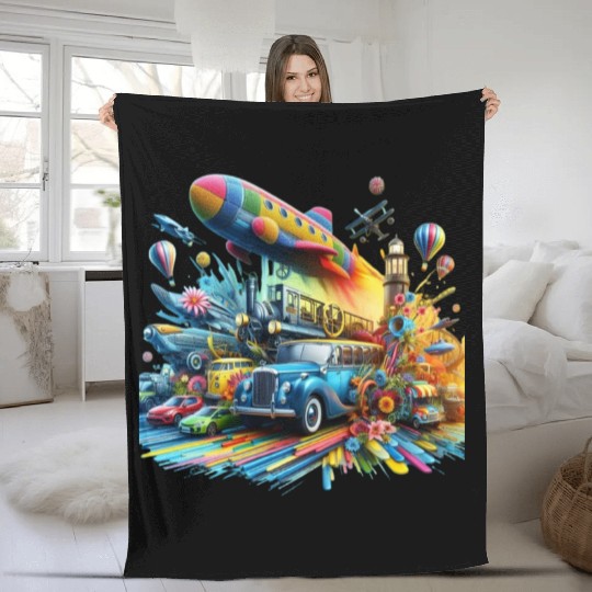 Multi-Colored Vehicles Fleece Blankets