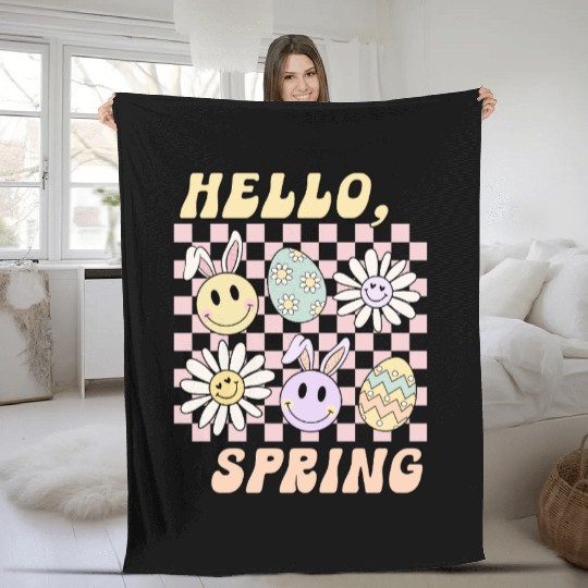 Hello Spring Cute Easter Bunny Design Fleece Blankets