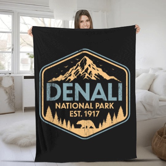 Retro Denali National Park Mountains Nature Fleece Blankets