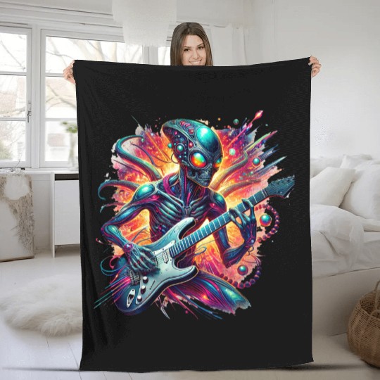 Alien playing guitar with rainbow background Fleece Blankets