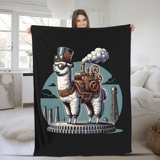 Steampunk Llama With Top Hat and Gears Fleece Blankets