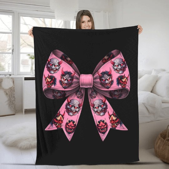 Coquette Bow Oni Yokai Devil Mask Pattern Pink Fleece Blankets