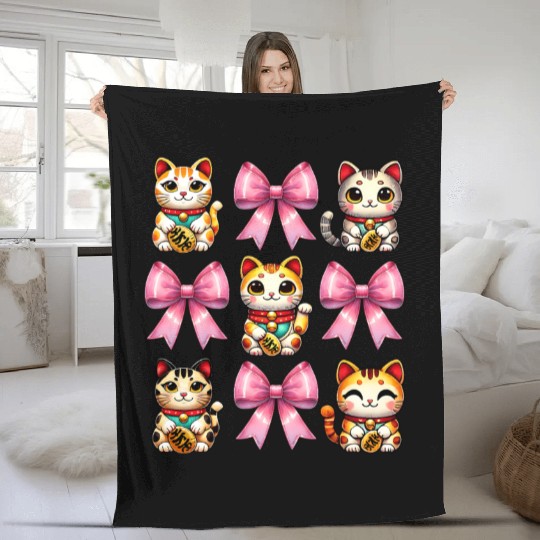 Coquette Bow Maneki Neko Japanese Cat Lucky Pink Fleece Blankets