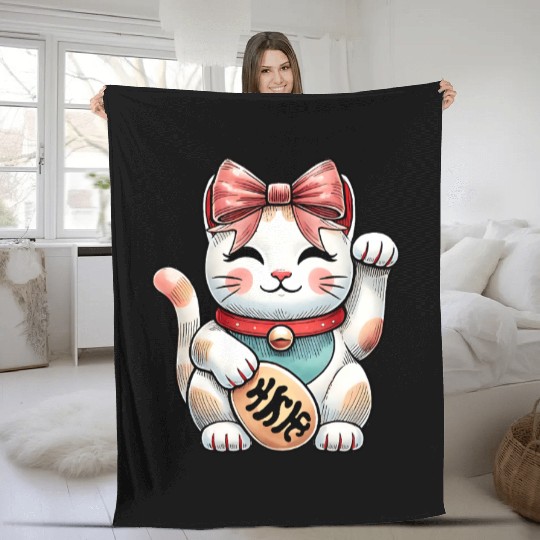 Coquette Bow Maneki Neko Japanese Cat Lucky Pink Fleece Blankets