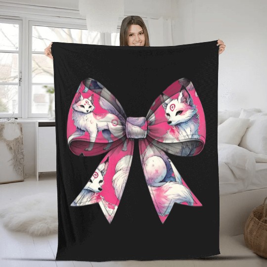 Coquette Bow Kitsune Fox Mask Pattern Pink Ribbon Fleece Blankets
