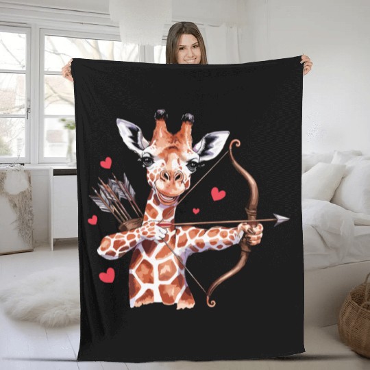Charming Giraffe Archer with Hearts and Bow Fleece Blankets