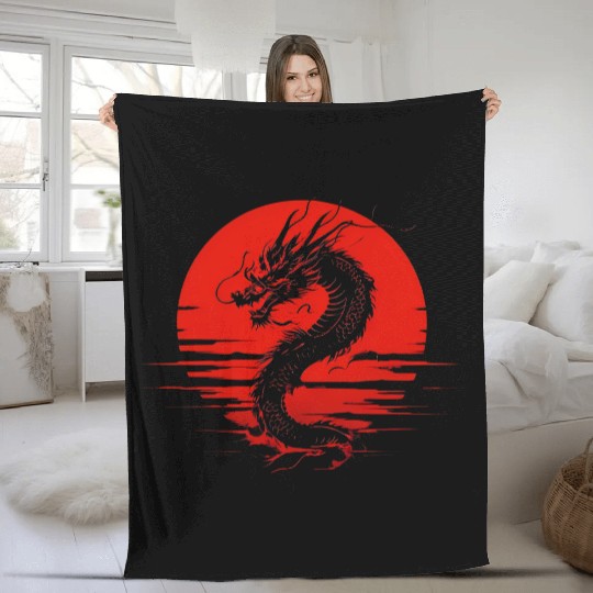 Dragon Rising Under the Blood Moon Fleece Blankets
