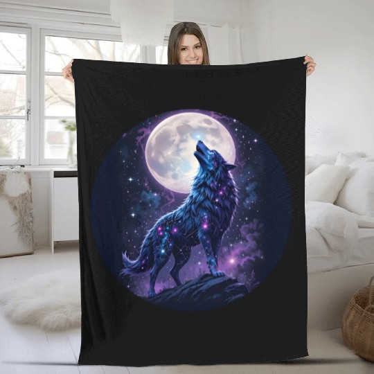 Mystic Blue Wolf Fleece Blankets