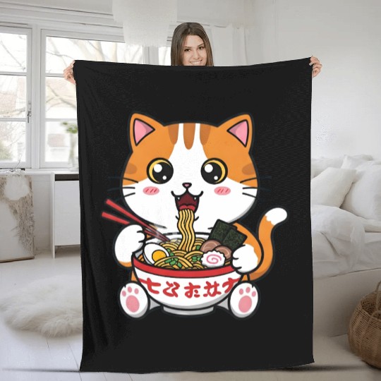 Kawaii Ramen Cat Fleece Blankets