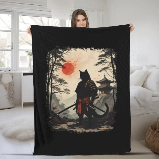 Samurai Cat Warrior Fleece Blankets Design