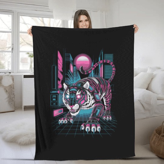 Cyberpunk Neon Tiger Futuristic Design Fleece Blankets