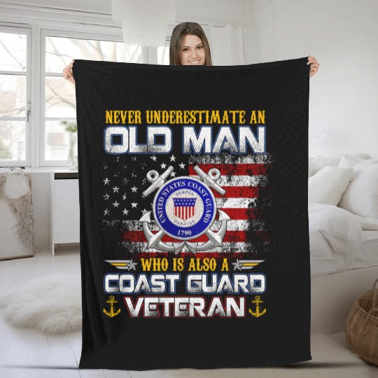 Never Underestimate Old Man US Coast Guard Veteran Fleece Blankets