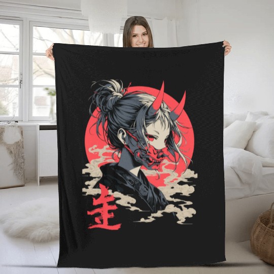 Beautiful Japanese Demon Anime Girl Waifu Geisha Fleece Blankets