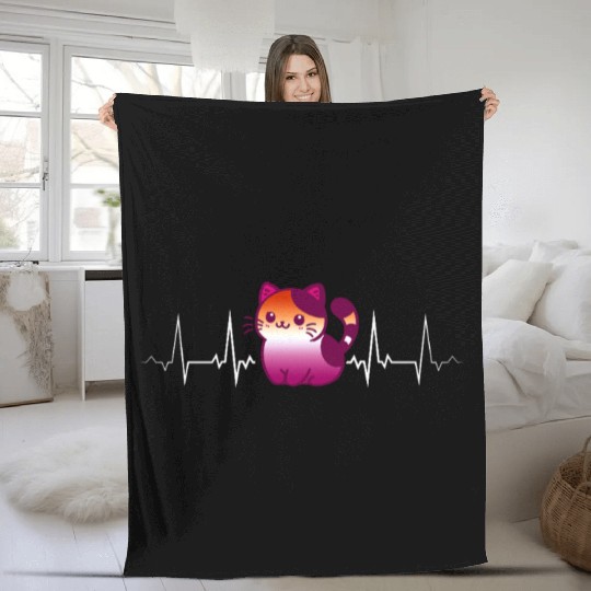 Lesbian Heartbeat Cute Kawaii Cat Pride Love Fleece Blankets