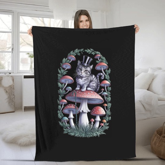Gentleman cat hatter sitting on mushroom, black Fleece Blankets