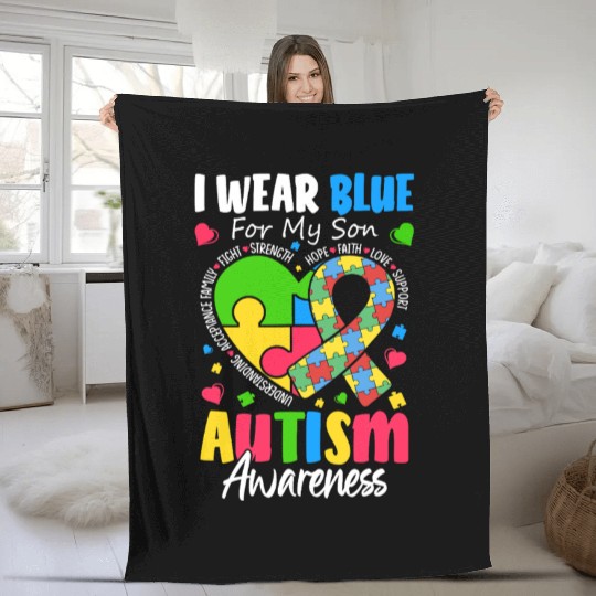 I Wear Blue For My Son Autism Awareness Mom Dad Fleece Blankets