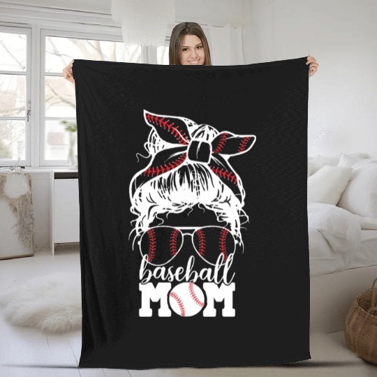 Mom Life Baseball Messy Bun Funny Mothers Day Fleece Blankets