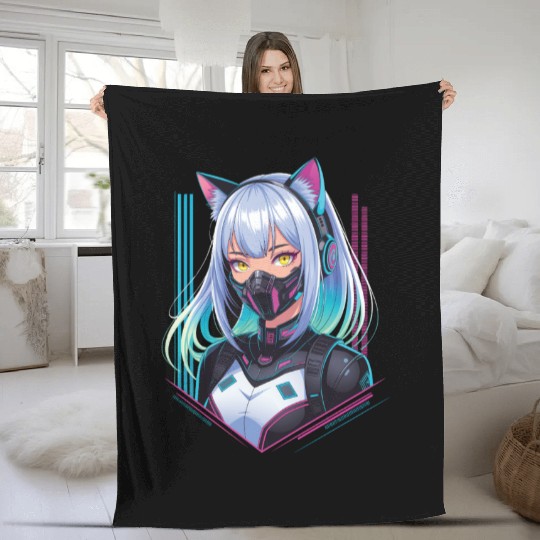 Cyberpunk Girl Cat Ears Fleece Blankets