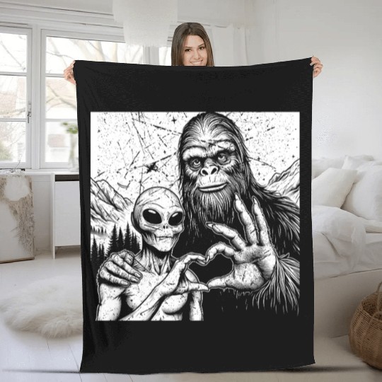 Bigfoot and alien Sasquatch love hand sign Weird S Fleece Blankets