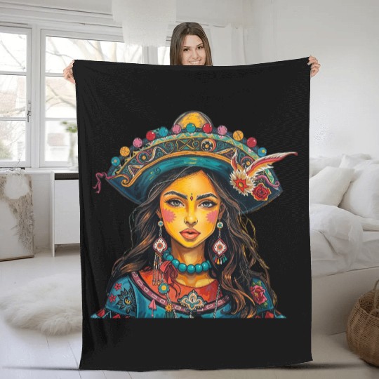 5 De Mayo/Mexican Girl Wearing Sombrero / Colorful Fleece Blankets