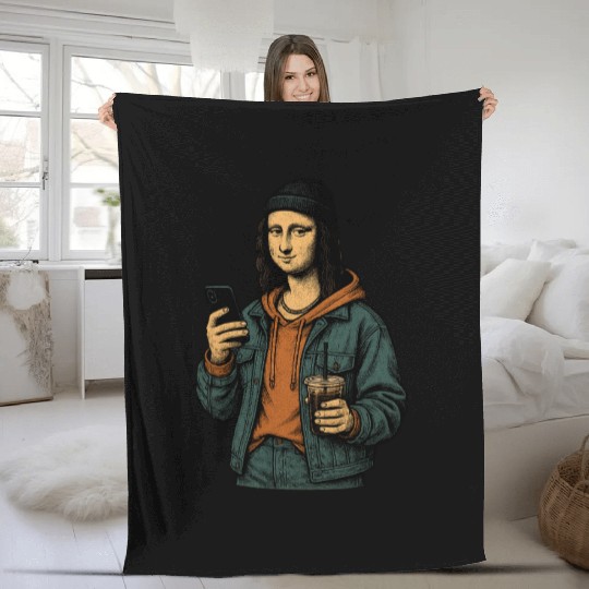 the mona lisa dressed in 2025 street fashion Fleece Blankets