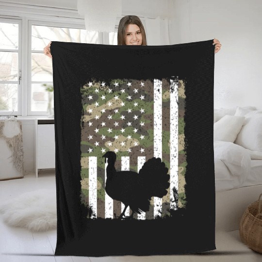 Turkey Hunting Camo US Flag For Hunter Camouflage Fleece Blankets