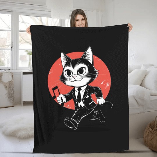 Whimsical Black White Cat Conductor Fleece Blankets