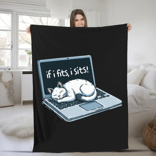 Laptop Cat Nap - If I Fits, I Sits! Fleece Blankets