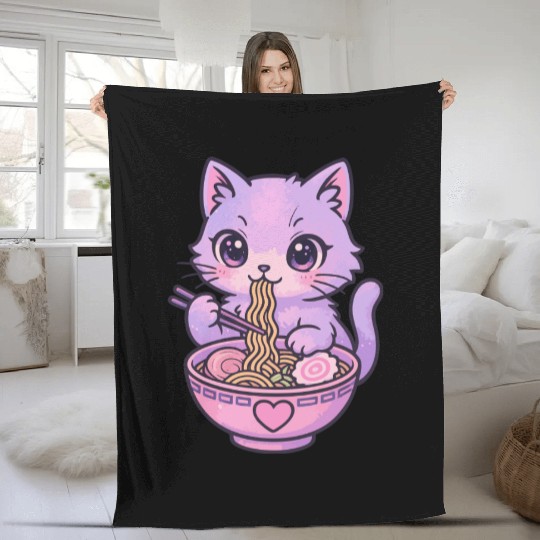 Kawaii Cat Ramen Fleece Blankets