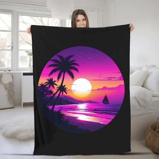 Tropical Retro Sunset Sailing Vacation Fleece Blankets