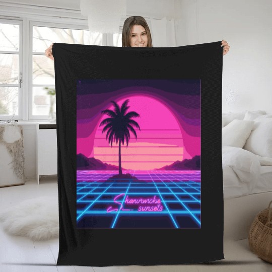 Chasing Sunsets Synthwave Fleece Blankets - Retro Neon Fleece Blankets