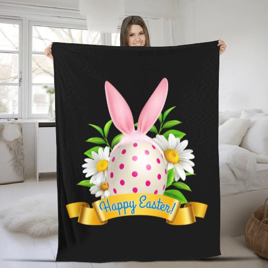 Happy Easter Fleece Blankets with Bunny Ears and Egg