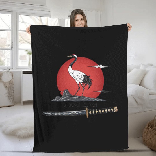 Japanese Crane with Katana and MounT FUJI POSTER Fleece Blankets