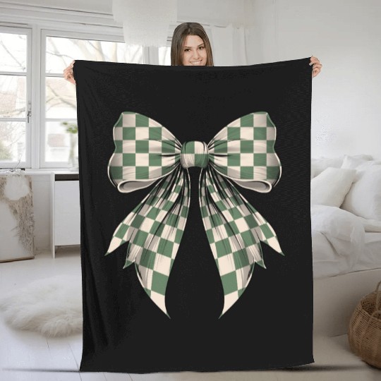 Coquette Bow Green Cream Classic Checkered Pattern Fleece Blankets