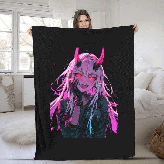 Anime Demon Girl Kawaii Waifu Japanese Anime Fleece Blankets