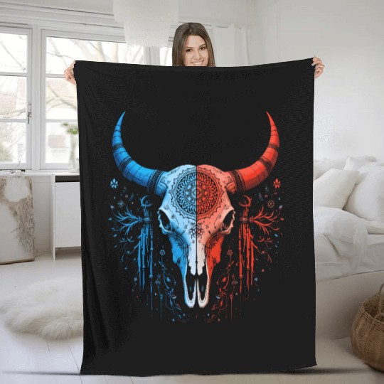Tribal Skull Design Red Blue Split Art Fleece Blankets