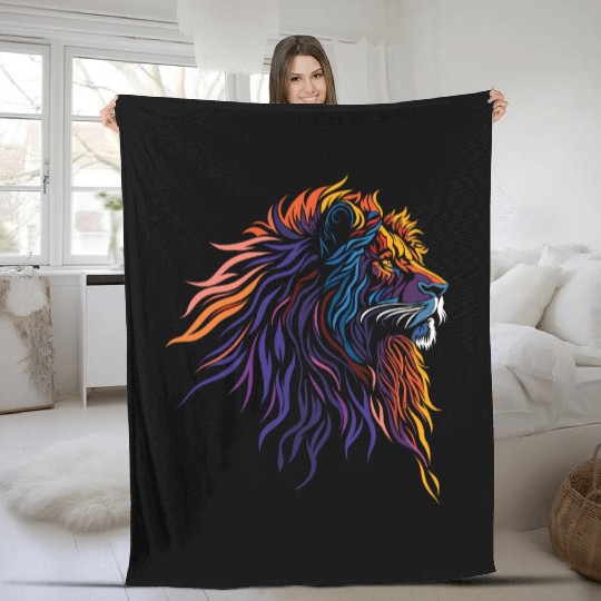 "Majestic Flame Lion – Tribal Rainbow Art" Fleece Blankets