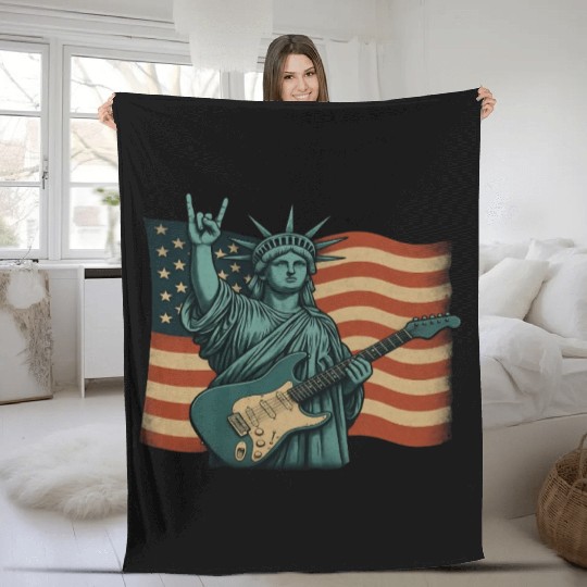 4th of July Statue Of Liberty Rock Guitar USA Flag Fleece Blankets