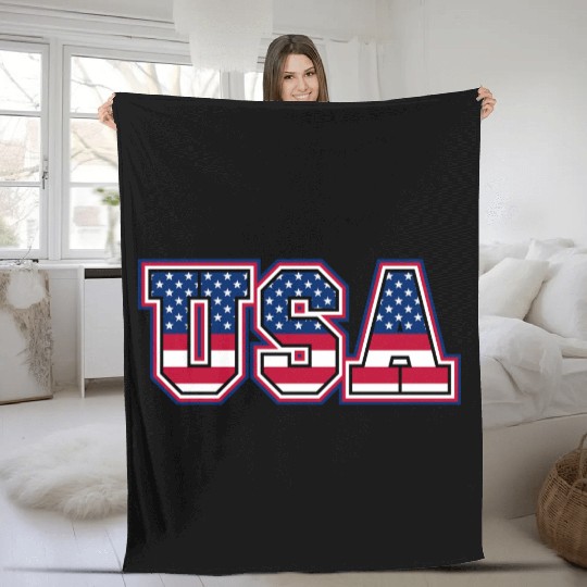 USA Letters with American Flag Pattern Fleece Blankets