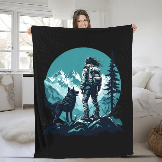 Adventurous Hiker With Dog Against Teal Mountain Fleece Blankets