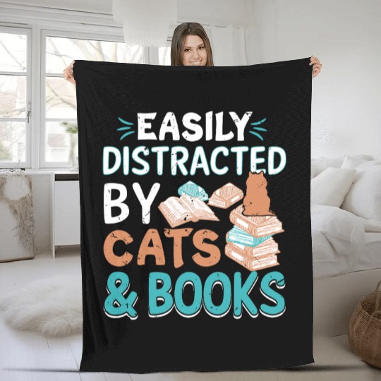 Easily distracted by cat and books lover bookworm Fleece Blankets