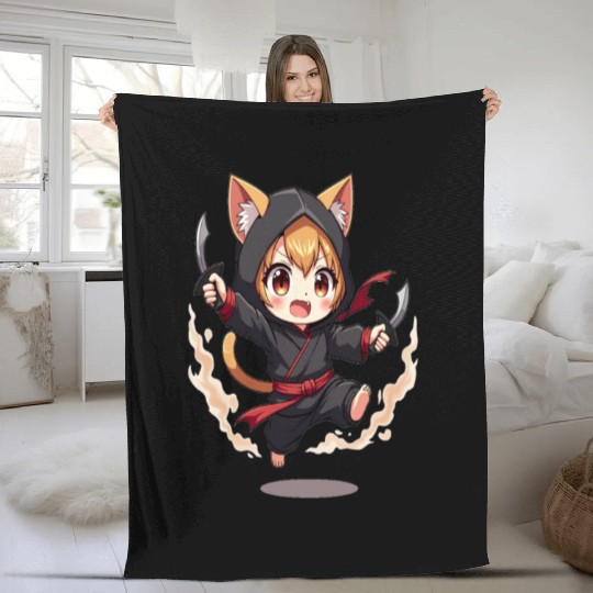 Chibi Ninja Cat Fleece Blankets