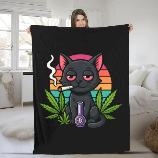 Cute Cat Smoking Weed Fleece Blankets