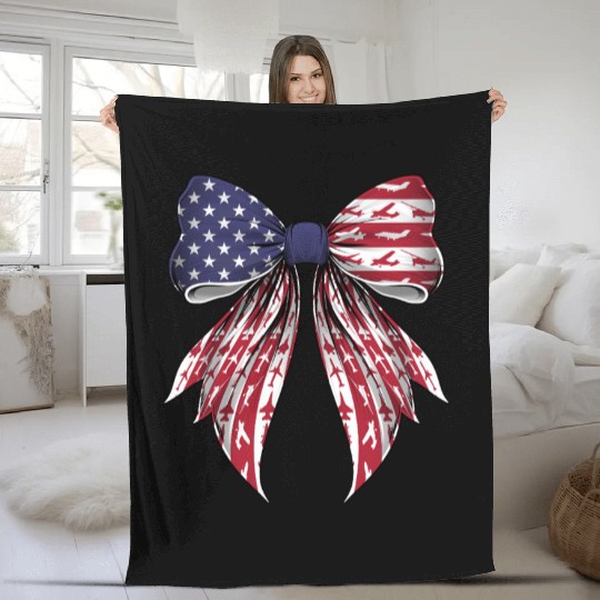 Coquette Bow Airplane Pilot Aviation US Flag Fleece Blankets