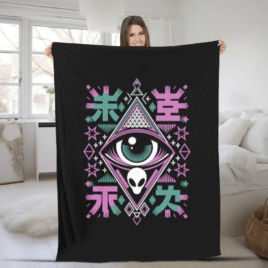 Mystic Alien Eye Symbol with Geometric Stars and Fleece Blankets